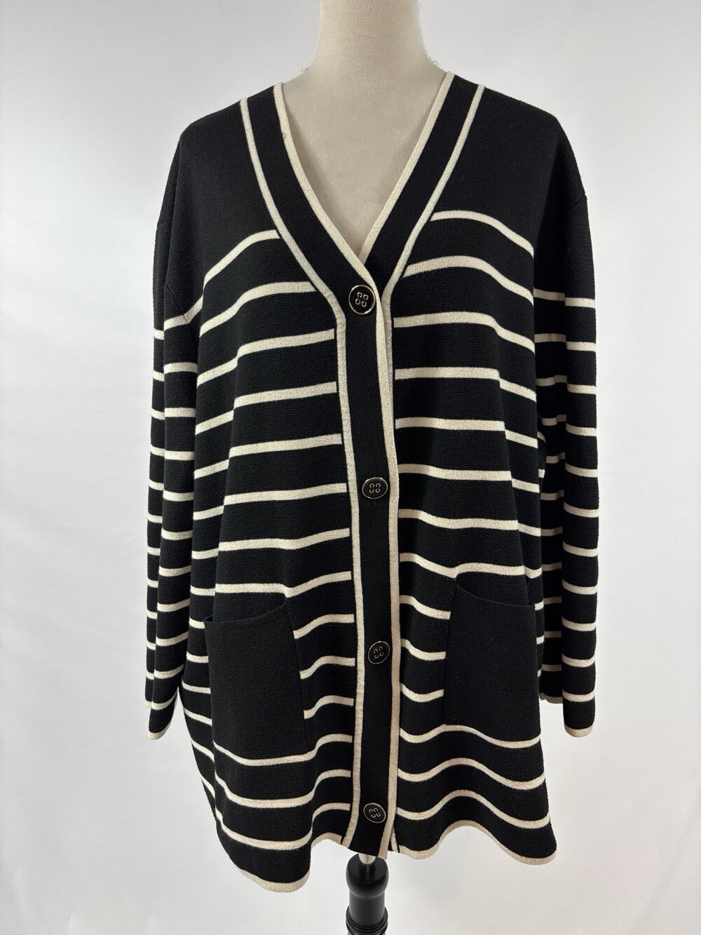 Tuckernuck Lauren Cardigan Black White Stripe XXL Pockets Academia Preppy